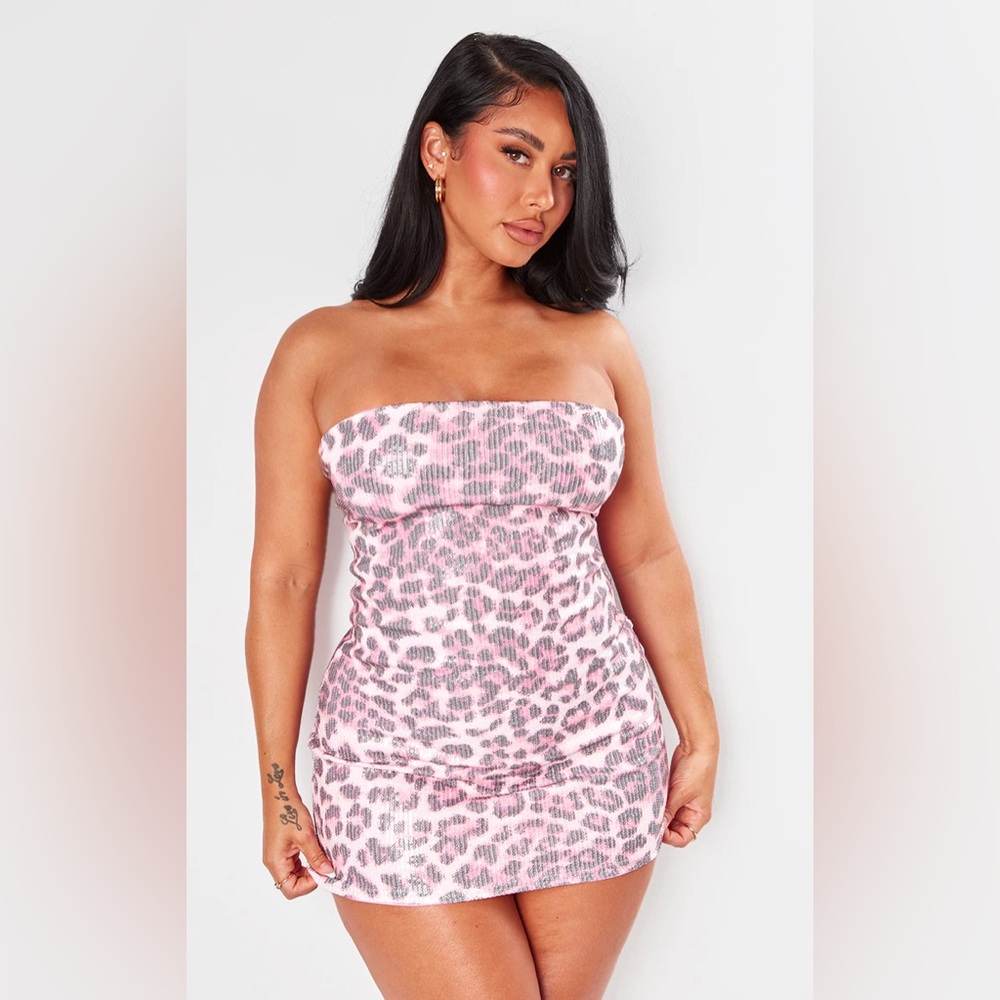 NWT PrettyLittleThing Pink Leopard Sequin Bandeau Bodycon Dress - UK 12